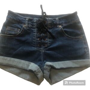 Black Label C’est Toi Lace-Up Roll-Up Denim Jean Shorts • Y2K Style • Size S